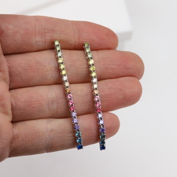 Brilliant Long Earrings Sterling Silver 925 Multi color 3mm cz (2.25' inch long) - Picture 4 of 7